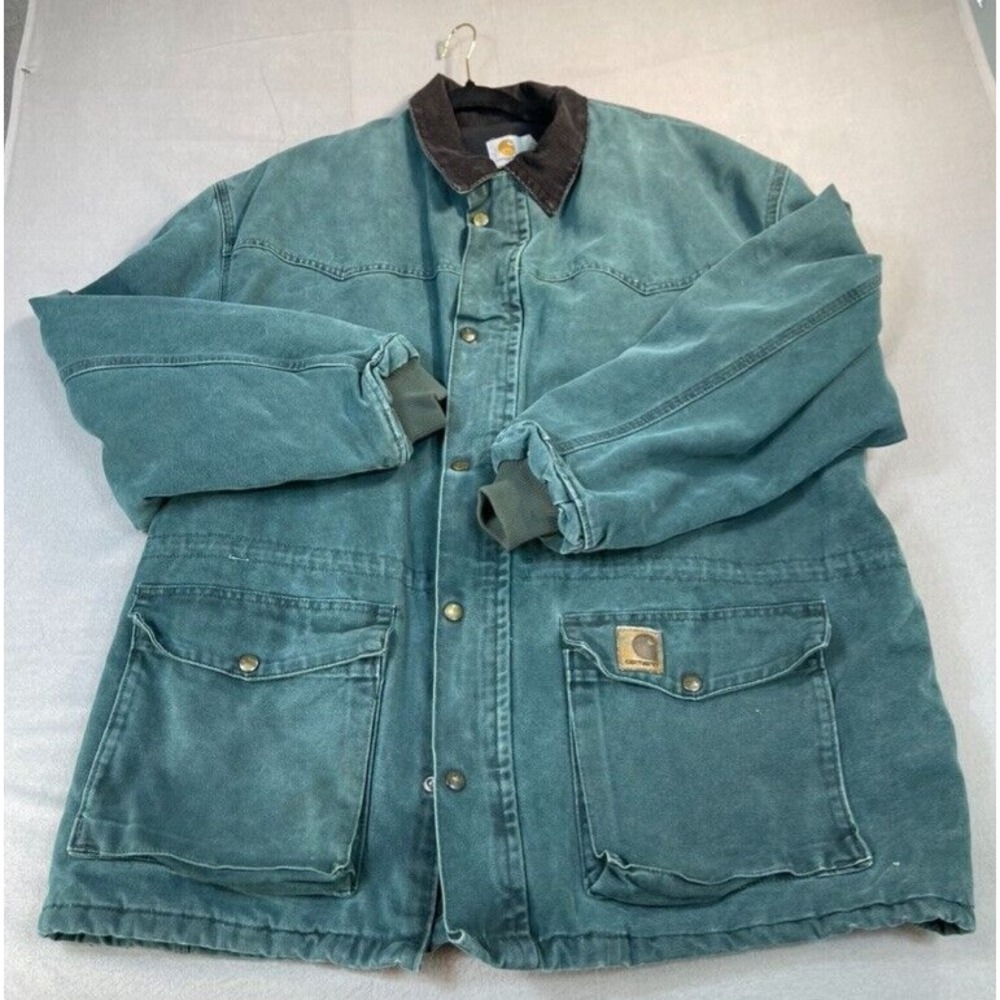 Vtg Carhartt Jacket 2XL‎ USA Men's Distressed Hunter Green Barn Chore Coat Union